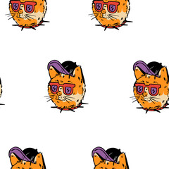 Cute cat in a cap, glasses, and collar.. Seamless pattern. Trendy vector illustration.