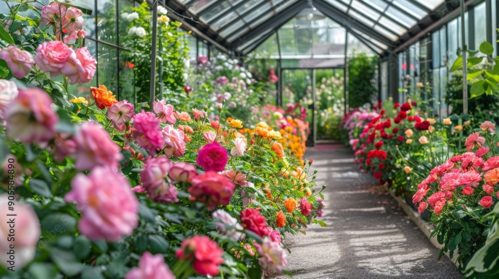 Poster a colorful array of blooming roses fills a greenhouse pathway, showcasing various hues and varieties