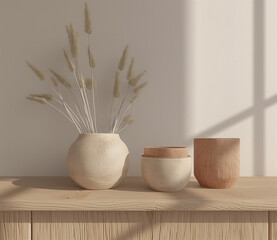 Modern interior decor with minimalist vases and dried flowers in a bright room