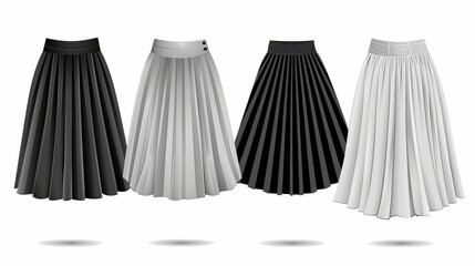 Vector illustration of different model skirts on a white background Pleated skirt mockup in white gray and black variations