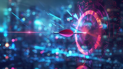 The concept of a target with a glowing hologram and an arrow hitting the center Growth strategy or financial goal concept Symbolic goals achievement success victory Vector