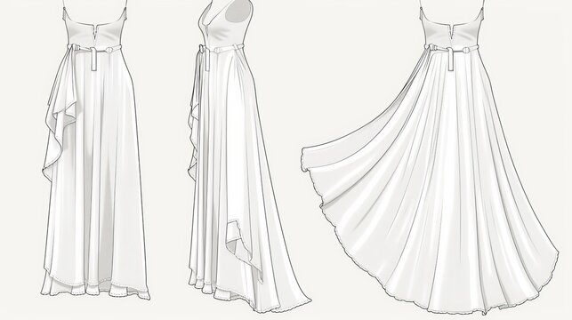 Vector midi skirt with crochet fabric fashion CAD Womens jersey or woven fabric maxi skirt with side slit technical drawing Flat sketch template mockup front and back view white