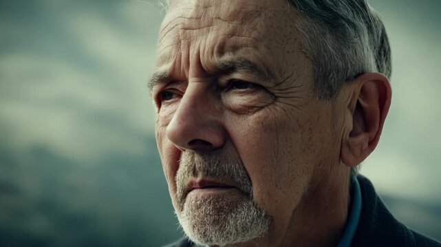 The portrait shows the aged face of a male his eyes squinting and mouth slightly open as if he is trying to comprehend soing.