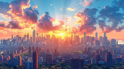 Obraz premium Urban cityscape illustrations: Detailed and vibrant illustrations capturing the essence of city life and architecture, perfect for urban-themed publications, real estate marketing, and city branding