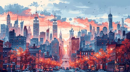 Urban cityscape illustrations: Detailed and vibrant illustrations capturing the essence of city life and architecture, perfect for urban-themed publications, real estate marketing, and city branding