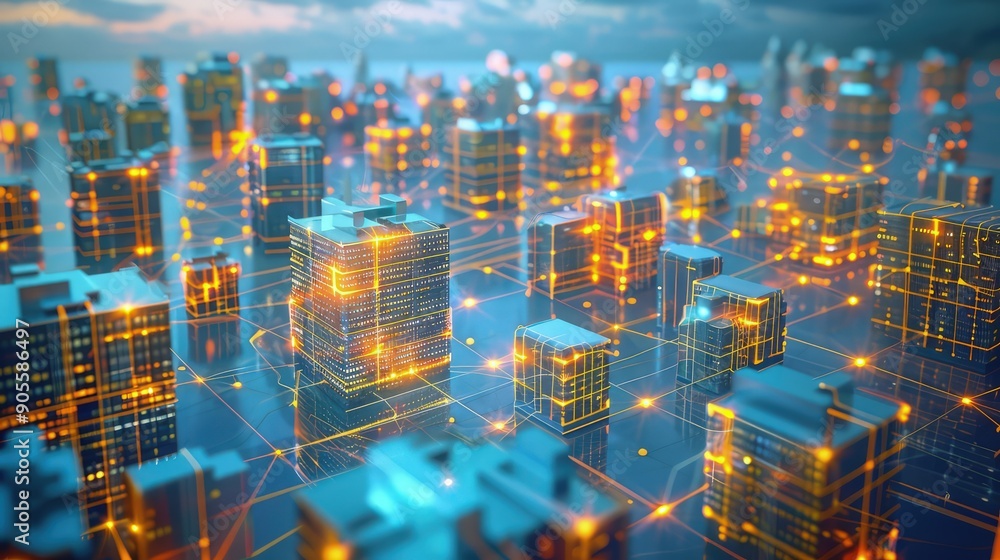 Poster a complex crm ecosystem depicted as a virtual cityscape where each building represents a different f