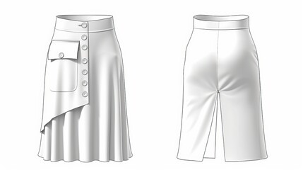 Womens Button Front Front Split and Maxi Skirt Technical fashion illustration with a patch pocket Flat apparel skirt template front and back view white color Womens CAD mockup