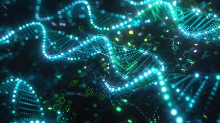 A complex network of glowing blue and green DNA strands interconnected with digital nodes symbolizing a data network in medicine. 
