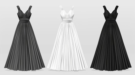 Womens dress mockup collection featuring a dress with a long pleated skirt Realistic vector illustration fully editable handmade mesh Festive dress without sleeves in white gray and