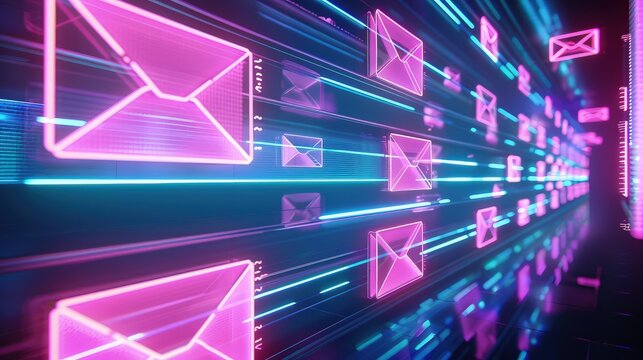 A conceptual image of a pink and blue neon email sorting algorithm, represented by streams of envelopes flowing through color-coded filters. The background is dark to enhance the neon effect.