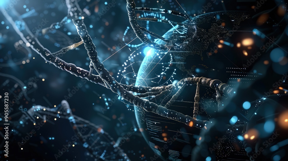 Aufkleber a cosmic scene where dna strands orbit around a digital globe, representing global genetic data netw