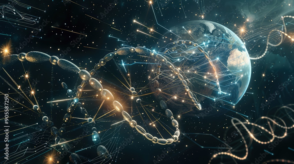 Aufkleber a cosmic scene where dna strands orbit around a digital globe, representing global genetic data netw