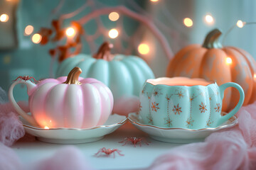 Fototapeta premium Charming Fall Decor Delightful and whimsical Pumpkin Teacups adorned with sparkling Autumn Lights and cozy ambiance for the season