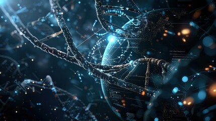 A cosmic scene where DNA strands orbit around a digital globe, representing global genetic data networks. 