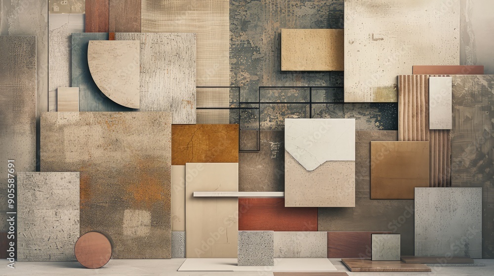 Aufkleber a digital abstract shapes and textures in muted earth tones, arranged to leave a large clean area at