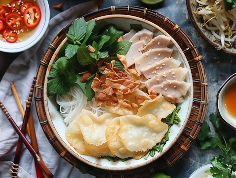 Cao Lau. The most popular Vietnamese dishes. A regional noodle dish from Hoi An, featuring thick rice noodles, slices of pork, fresh greens, and crispy rice crackers.