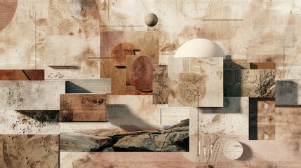 A digital abstract shapes and textures in muted earth tones, arranged to leave a large clean area at the bottom for additional elements.