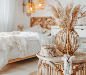 Cozy modern bedroom with natural elements and stylish decor