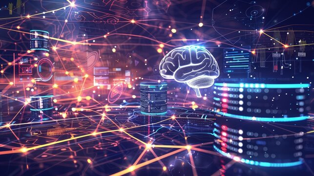 A digital landscape illustrating the integration of CRM with artificial intelligence, showing streams of data flowing between a brain-shaped icon and a database symbol