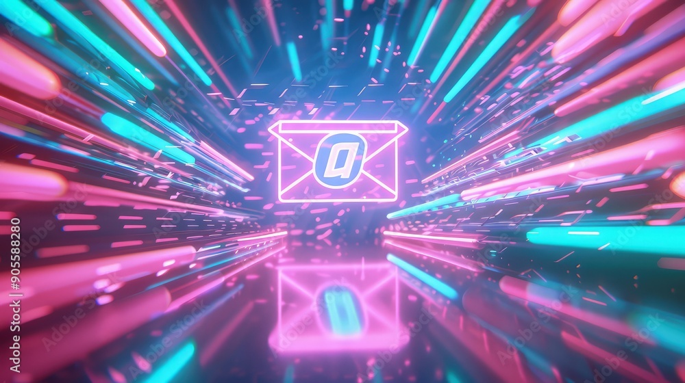 Poster a digital landscape with flowing neon streams of pink and blue data representing email communication