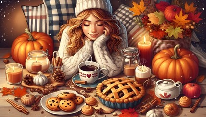 a poster of a woman sitting on a table with a cup of coffee and a plate of food.