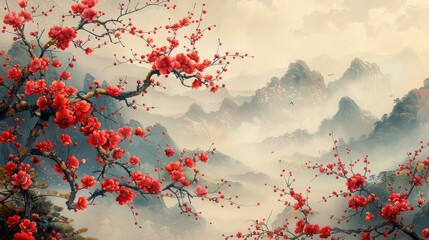 Traditional Japanese style landscape with sakura, Fantasy landscape panorama. Background wallpaper, poster, invitation, flyer, banner.