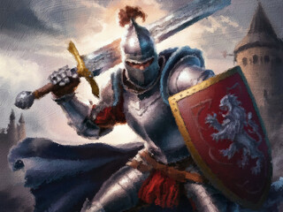 Naklejka premium Knight in shining armor.Fantasy swordman. Middle age soldier with plated armor. Fantasy illustration