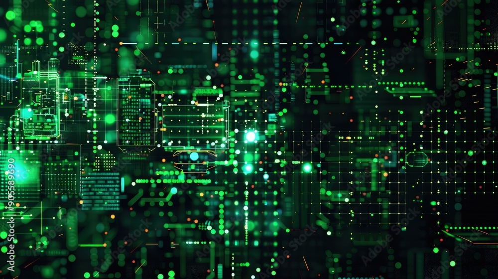 Poster a futuristic abstract pattern with digital pixel distortions and glitches in a palette of cyber gree