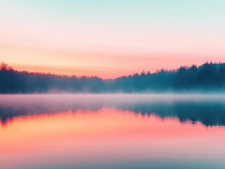 A serene lake at sunrise, with mist rising above the water, reflecting soft pastel colors of the sky and surrounded by trees.