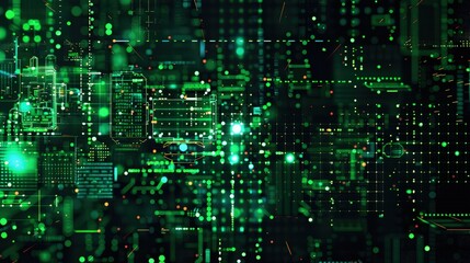 A futuristic abstract pattern with digital pixel distortions and glitches in a palette of cyber green and black, suitable for a tech-themed environment.