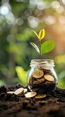 A young plant grows from a jar of coins, symbolizing growth, prosperity, and sustainability in a vibrant natural setting.