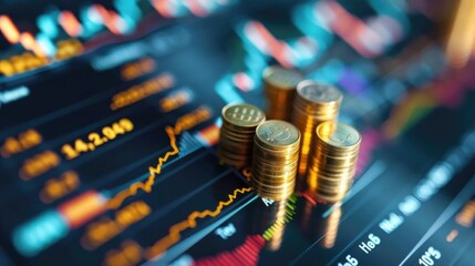 Stacks of coins on a financial chart, symbolizing wealth growth and investment strategies in a digital economy.