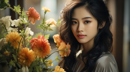 girl 20 years old, with Asian appearance, on a light background, indoor flower