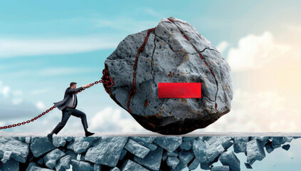 A determined individual pulling a heavy rock representing obstacles in life, emphasizing perseverance and strength.