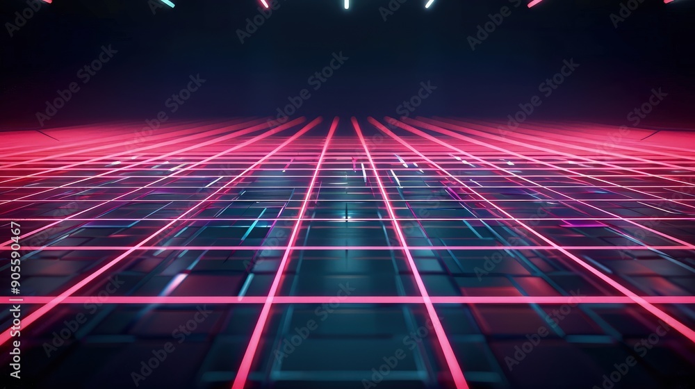Poster a futuristic grid pattern with glowing neon lines on a dark background, with a broad, unlit central 