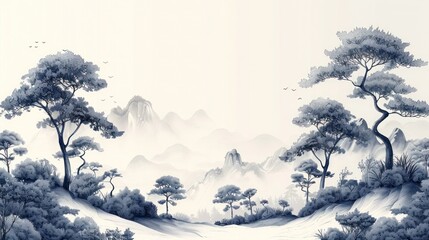 Traditional Japanese style landscape with sakura, Fantasy landscape panorama. Background wallpaper, poster, invitation, flyer, banner.