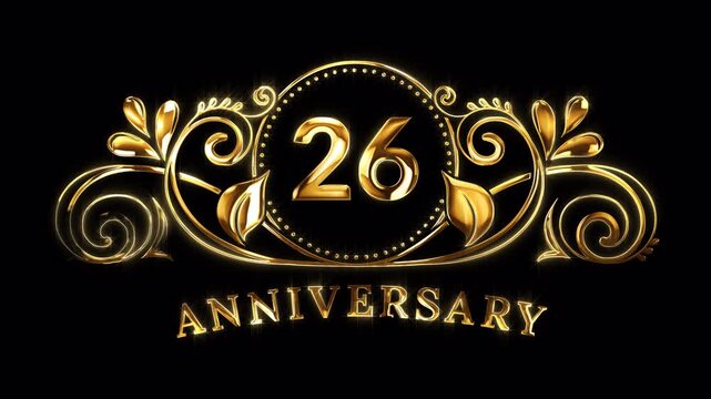 26th Anniversary Celebration. Happy 26 Years Anniversary Animation in Gold Color on the Transparent Background, Alpha Channel. Great for greetings, celebrations, events, and gifts.