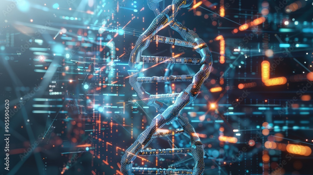 Poster a futuristic visualization of a dna molecule transforming into a digital circuit, symbolizing the fu