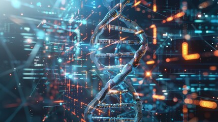 A futuristic visualization of a DNA molecule transforming into a digital circuit, symbolizing the fusion of biological and digital data. 