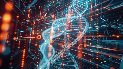 A futuristic visualization of a DNA molecule transforming into a digital circuit, symbolizing the fusion of biological and digital data. 