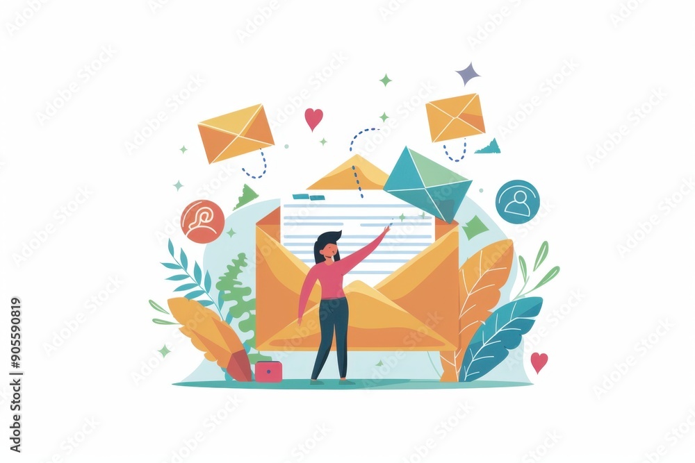 Aufkleber illustration of an email icon with a human figure standing next to it, a person happily receiving an