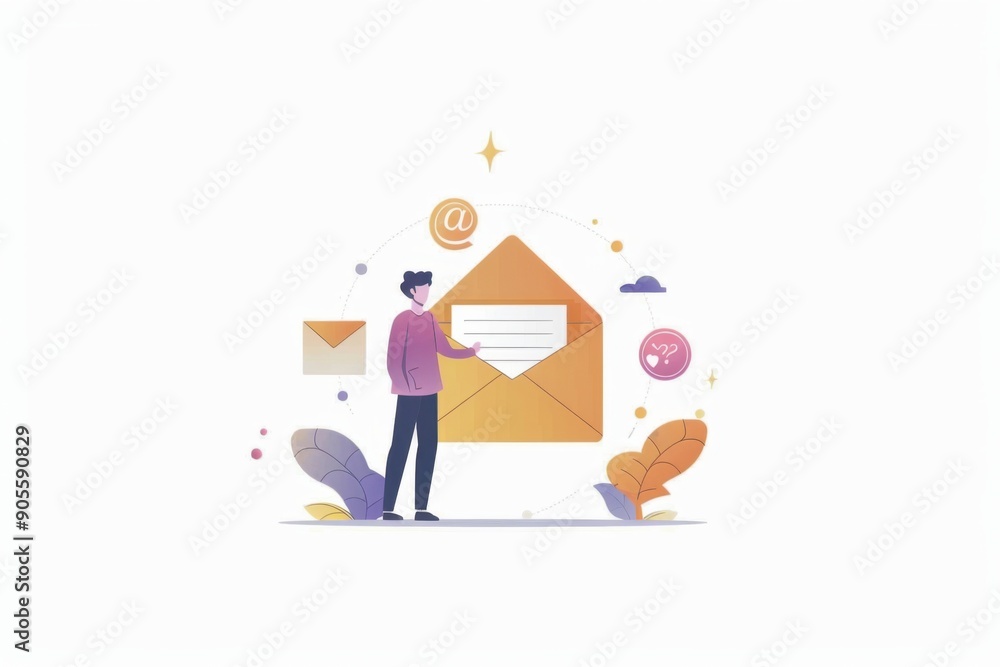 Poster illustration of a person standing next to an open envelope with a contact icon and letter inside, re