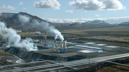 A geothermal energy facility located in a geothermal active area with steam vents and a small power plant, demonstrating the extraction of earth's natural heat for power.