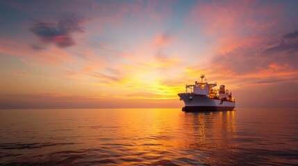 Fototapeta premium A large ship is sailing on the ocean with a beautiful sunset in the background