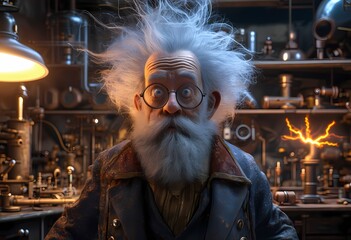 Old scientist with upstanding hair, crashed and crazy face, eyes wide open, lightnings, in a steampunk workshop, in humorous tone, digital art.