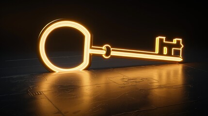 A glowing neon gold key icon, casting a bright light on a high-tech black floor, isolated on a black background. 3D Render.