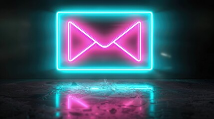 A glowing neon light sign featuring an email envelope icon in pink and blue, displayed against a dark, reflective surface to emphasize the vibrant colors.