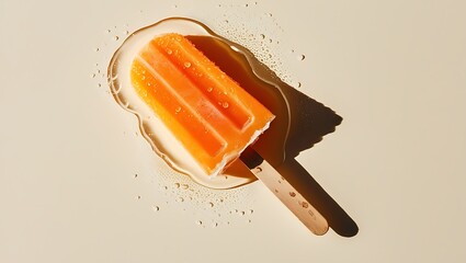 Delicious orange popsicle with a cutout that is splattering on a wooden stick