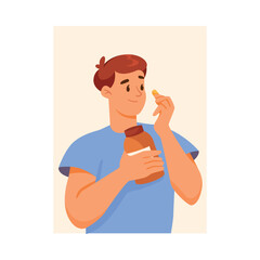 Man Character Take Pill Supports Immunity Engaged in Healthy Lifestyle Vector Illustration