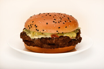 A meat burger on a white plate. Delicious fast food. Cheeseburger with vegetables.